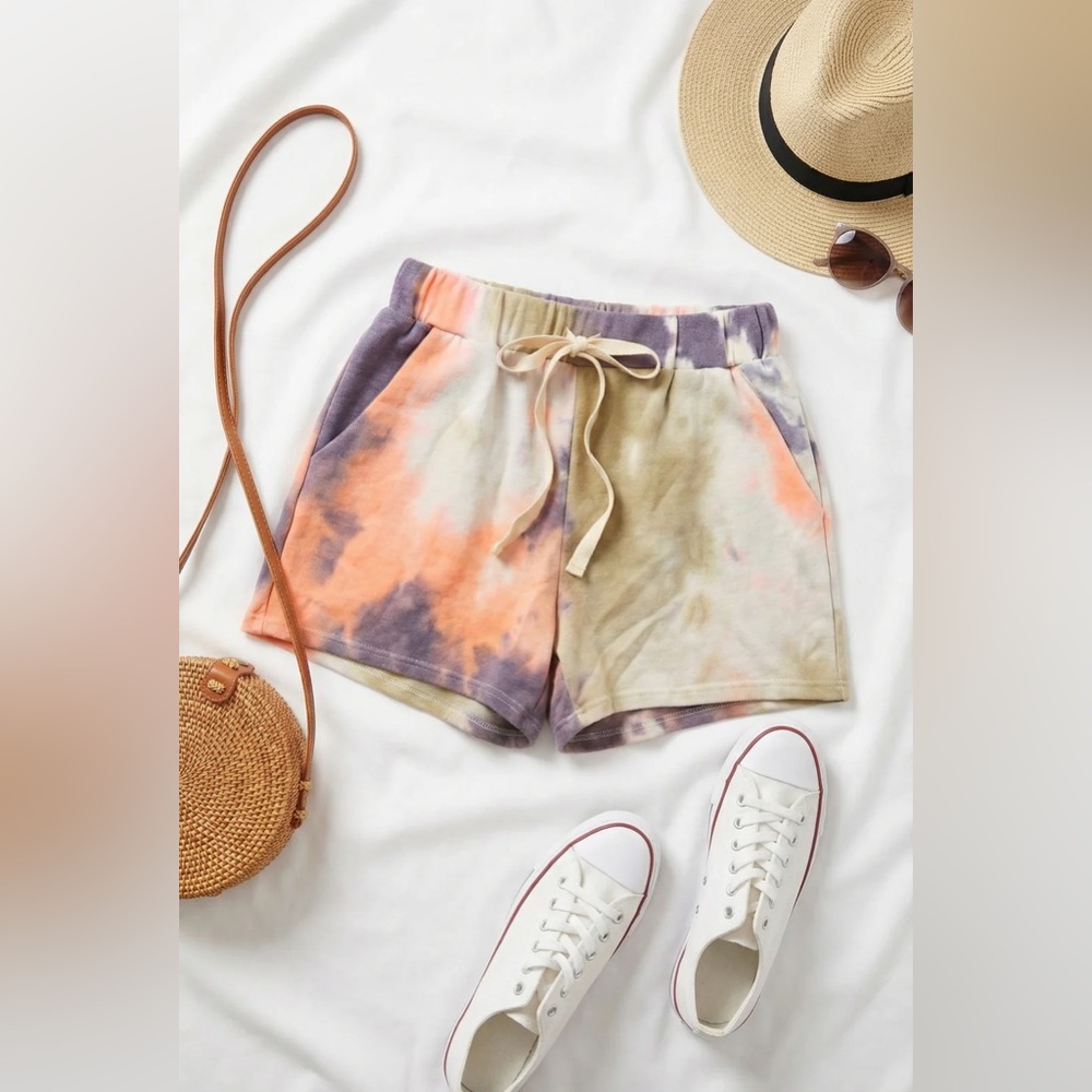 BiBi Tie-Dye Drawstring Women’s Shorts — Orange, Purple, Tan